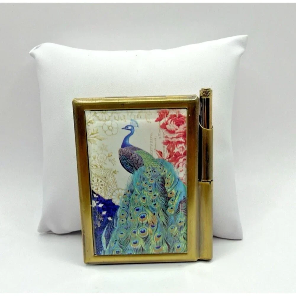 Art Deco Flip Up Brass Note Pad Mini Notepad Vintage Peacock Roses Romantic